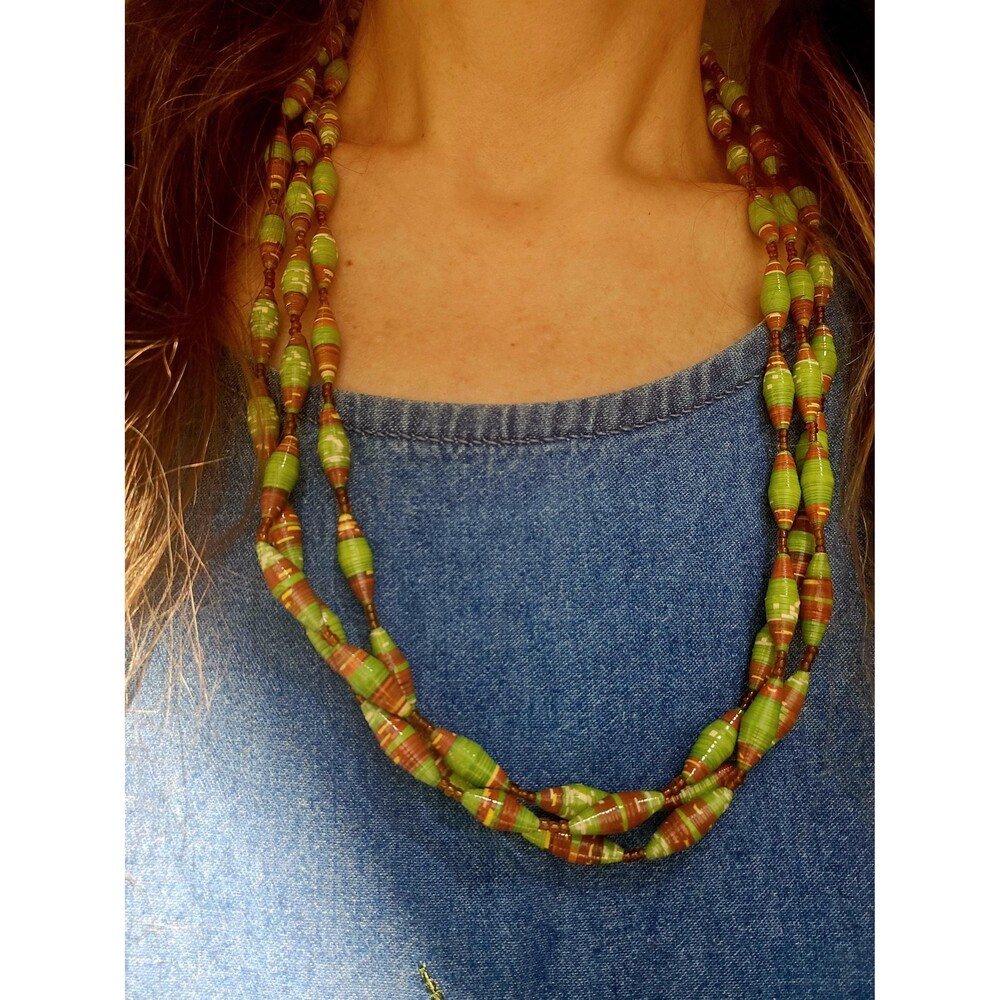 Vintage Green Triple Strand Paper Bead Necklace Handmade African Rolled Beads